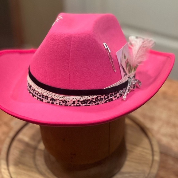 Handmade Pink Felt Cowgirl Hat with Feathers, Gems, and Leopard Print - Picture 2 of 9